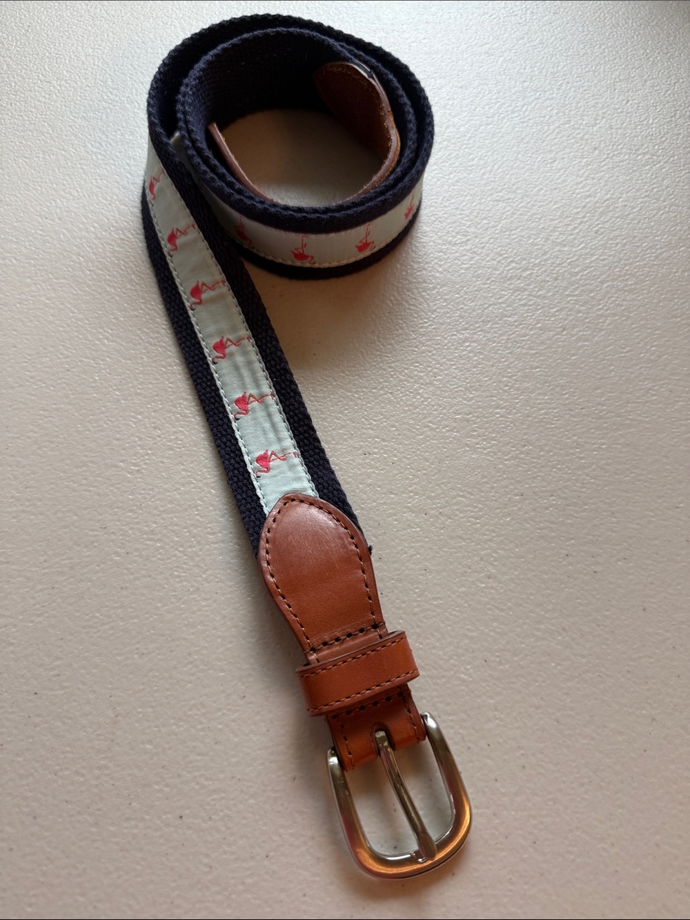 Women's Classic Navy & Tan Woven Belt with Flamingo Trim 36 Inches Preppy Golf